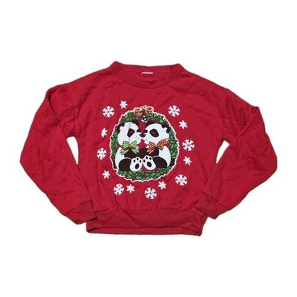 Vintage Christmas Panda Crew Sweatshirt Kids Youth 4T Red 90s